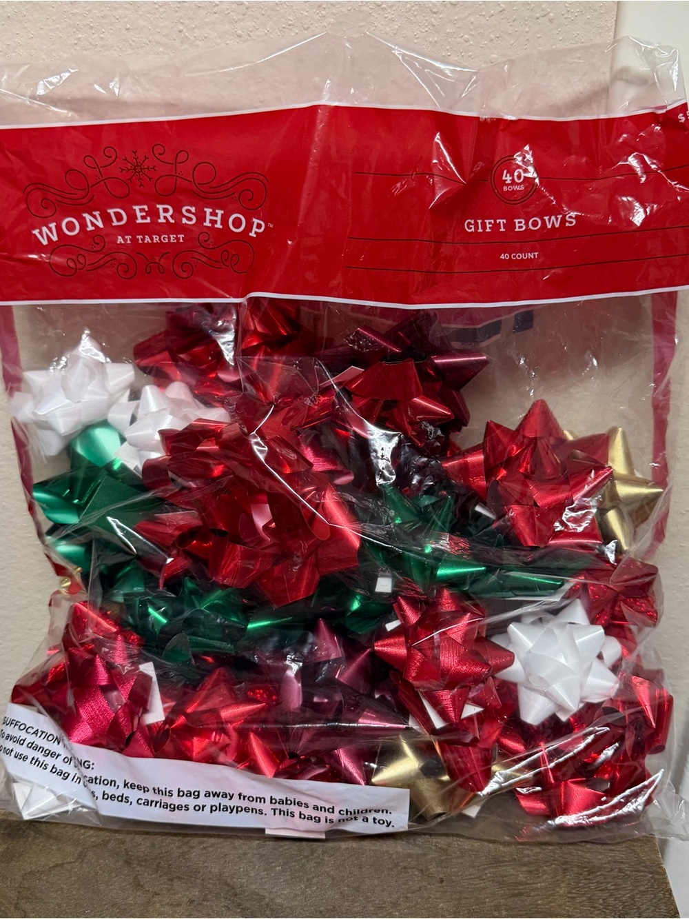 5 bags-  Metallic Holiday Gift Bows in Red, Green, White, Gold - 200 Count